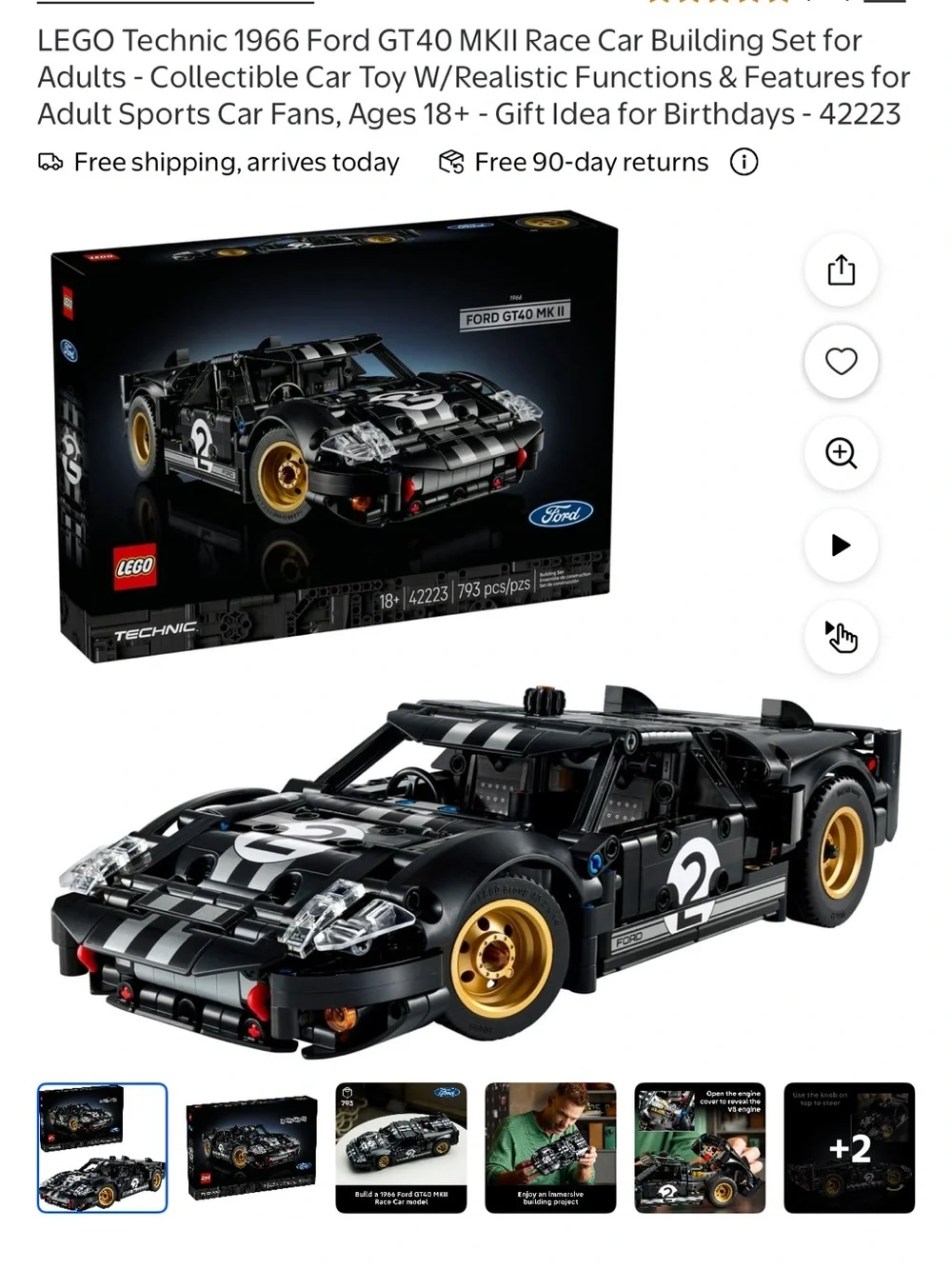 Lego Technic 1966 Black Ford GT40 MK II Race Car Model with Gold Wheels